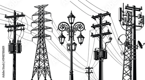 Silhouette of utility poles, transmission tower, street lamp, communication tower, electricity infrastructure, energy distribution, urban technology, industrial engineering, power lines