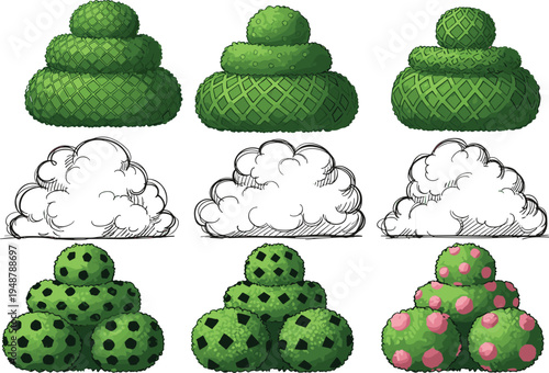 Topiary bush silhouettes in decorative styles, vector illustration of tiered, cloud-like, and clustered foliage designs for gardening, landscaping, and ornamental art concepts