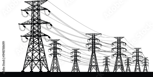 Silhouette of transmission towers, high voltage pylons, electricity infrastructure, energy distribution system, electrical grid, industrial engineering, urban technology, power lines