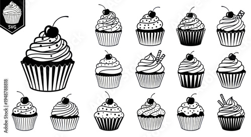 Hand-Drawn Cupcake Icons Collection - Black and White Dessert Vector Art
