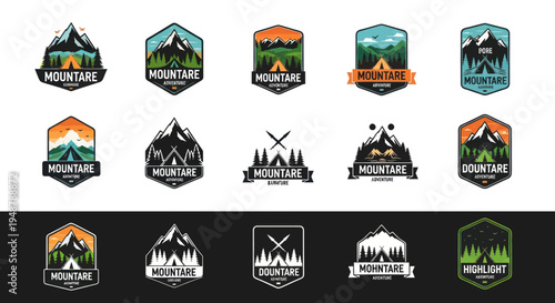 Mountain Adventure Badges Set: Camping, Hiking, Outdoors, Nature, Mountains Logos
