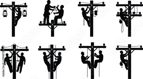 Silhouette of utility workers on poles, electrical maintenance, repair teamwork, safety gear, energy infrastructure, electricity distribution, industrial technology, communication lines