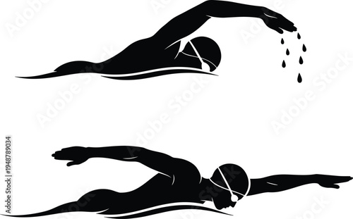 Silhouette swimmer freestyle stroke, swimming goggles, swim cap, athlete, sport, fitness, exercise, training, competition, endurance, strength, agility, dynamic motion