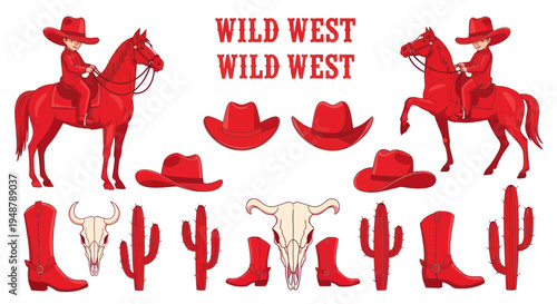 Wild West Cowboy Elements: Horses, Hats, Boots, Cactus, Skull, Red Illustration