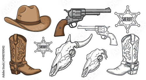 Wild West Cowboy Gear: Hat, Boots, Revolvers, Sheriff Badges, Animal Skulls