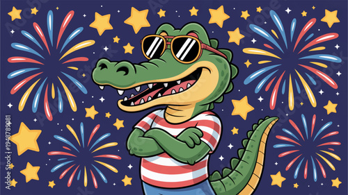 Smiling cartoon crocodile wearing sunglasses and striped shirt celebrates festive occasion with fireworks