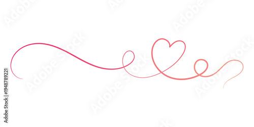 Elegant flowing romantic heart shaped pink gradient calligraphic line design element on a white background