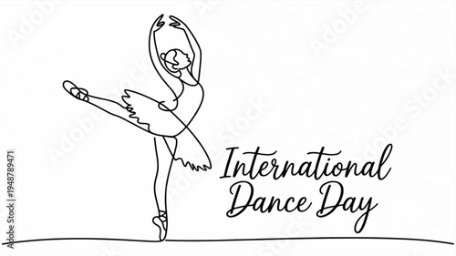 Ballet dancer celebrating international dance day with elegant pose and flowing hair simple line art style