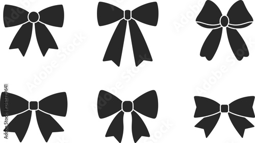 Collection of black ribbon bow silhouettes for gift decoration, decorative knot flat vector icons, cad drawing flat vector illustration
