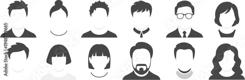 Collection of diverse user profile avatar icons, various hairstyles and facial hair, cad drawing flat vector illustration, web interface design