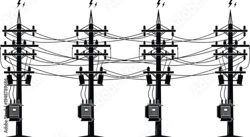 Utility poles silhouettes, electrical transformers, high voltage electricity, interconnected power lines, energy distribution grid, lightning bolt symbols, vector illustration