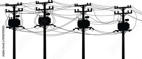 Utility poles silhouettes, electrical transformers, power line infrastructure, electricity distribution system, interconnected wiring, energy grid, vector illustration