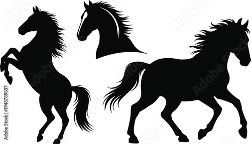 Collection of black horse silhouettes in various poses including running and rearing, cad drawing flat vector illustration, animal icons