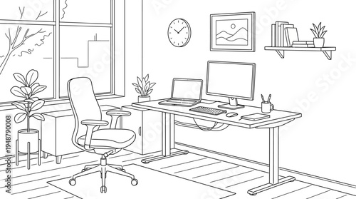 Minimalist home office setup with laptop, desk lamp, coffee mug, potted plants, ergonomic chair, shelf with books and decor, window with curtains, rug under chair, symbolizing comfort and productivity