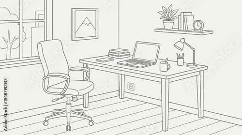 Minimalist home office setup with laptop, desk lamp, coffee mug, potted plants, ergonomic chair, shelf with books and decor, window with curtains, rug under chair, symbolizing comfort and productivity