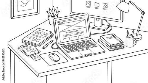 Minimalist home office setup with laptop, desk lamp, coffee mug, potted plants, ergonomic chair, shelf with books and decor, window with curtains, rug under chair, symbolizing comfort and productivity