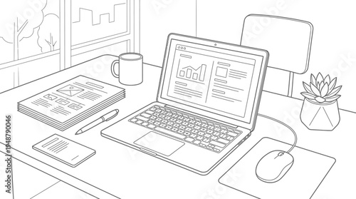 Minimalist home office setup with laptop, desk lamp, coffee mug, potted plants, ergonomic chair, shelf with books and decor, window with curtains, rug under chair, symbolizing comfort and productivity