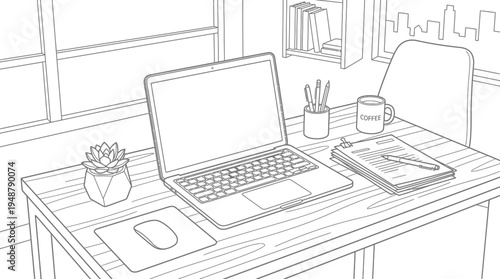 Minimalist home office setup with laptop, desk lamp, coffee mug, potted plants, ergonomic chair, shelf with books and decor, window with curtains, rug under chair, symbolizing comfort and productivity