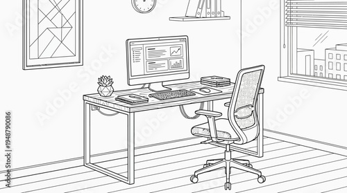 Minimalist home office setup with laptop, desk lamp, coffee mug, potted plants, ergonomic chair, shelf with books and decor, window with curtains, rug under chair, symbolizing comfort and productivity