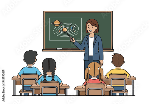 Teacher explaining the solar system on a blackboard to attentive students sitting at their desks, illustrating a science lesson in a classroom setting