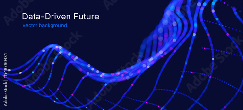 Dynamic luminous particle wave forming a digital surface, symbolizing neural networks, machine learning, data processing, virtual technology, innovation and high tech visualization vector background.