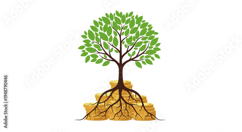 Financial Growth Concept: Tree with Roots of Coins