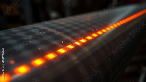 Close-up of heated metal surface with orange glow, highlighting industrial precision and detail.