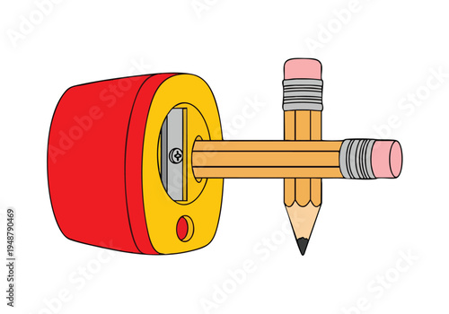 Illustration of a red and yellow pencil sharpener with two pencils, one inserted for sharpening