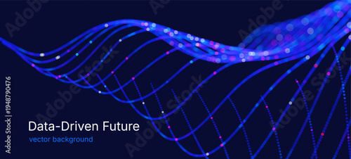 Dynamic luminous particle wave forming a digital surface, symbolizing neural networks, machine learning, data processing, virtual technology, innovation and high tech visualization vector background.