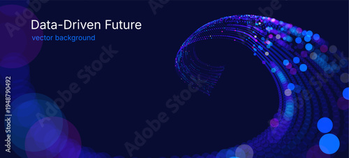 Dynamic luminous particle wave forming a digital surface, symbolizing neural networks, machine learning, data processing, virtual technology, innovation and high tech visualization vector background.