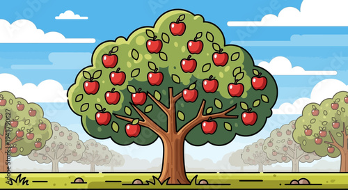 Abundant Apple Orchard with Ripe Red Apples on Trees in Full Bloom