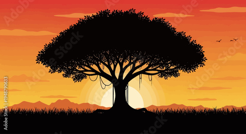 African Savanna Sunset Silhouette: Majestic Tree and Distant Mountains
