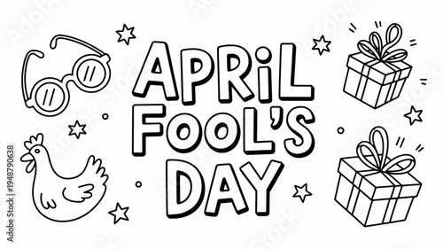 April fool's day celebration with gifts glasses and a chicken surrounded by stars on a white background