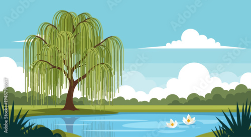 Serene Willow Tree by Tranquil Pond with Water Lilies and Cloudy Sky