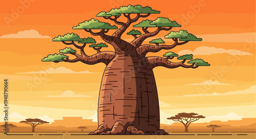 Pixel Art Baobab Tree in African Savannah Sunset