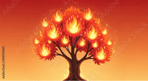 Burning Tree with Fiery Leaves and Glowing Embers Against a Warm Orange Sky