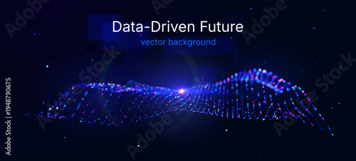 Dynamic luminous particle wave forming a digital surface, symbolizing neural networks, machine learning, data processing, virtual technology, innovation and high tech visualization vector background.