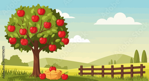 Ripe Red Apples in Basket Under Lush Apple Tree in Sunny Orchard Landscape