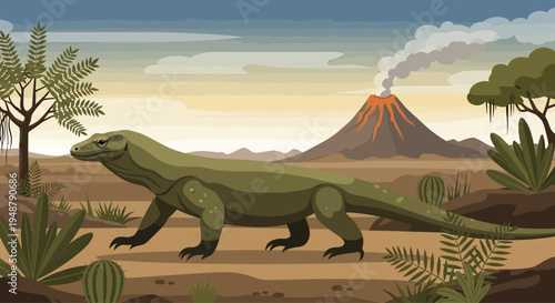 Komodo Dragon in Prehistoric Landscape with Volcano Eruption