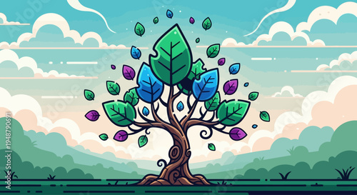 Vibrant Pixel Art Tree with Colorful Leaves in a Serene Landscape