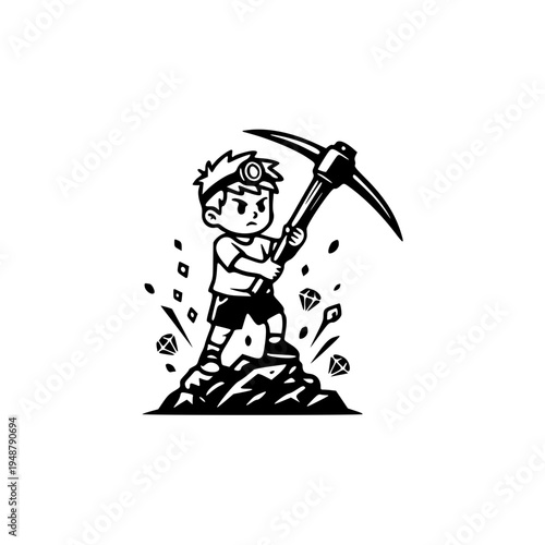 Cute Miner Boy with Pickaxe – Cartoon Mining Worker Vector Illustration