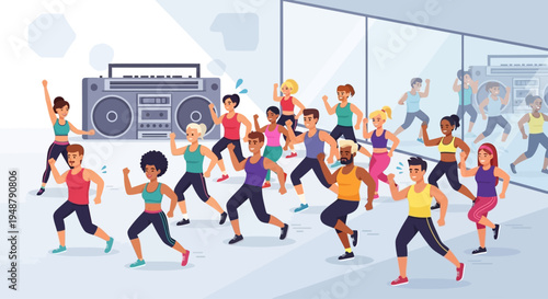 Diverse group of people dancing energetically in a fitness class with a boombox.