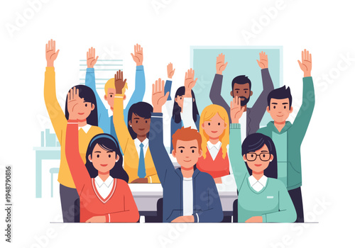 Diverse group of people raising hands in a classroom or meeting setting, indicating participation and engagement