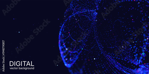 Dynamic luminous particle wave forming a digital surface, symbolizing neural networks, machine learning, data processing, virtual technology, innovation and high tech visualization vector background.