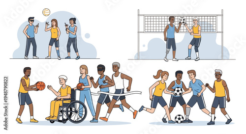 Diverse people playing various sports, promoting inclusivity and active lifestyle
