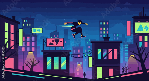 Dynamic Parkour Jump at Night in Neon City
