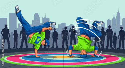 Breakdance Battle: Two Dancers Perform on Colorful Stage with City Skyline Background