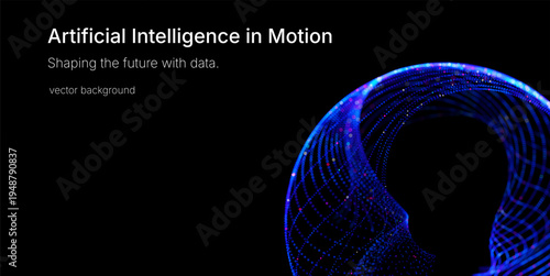 Dynamic luminous particle wave forming a digital surface, symbolizing neural networks, machine learning, data processing, virtual technology, innovation and high tech visualization vector background.