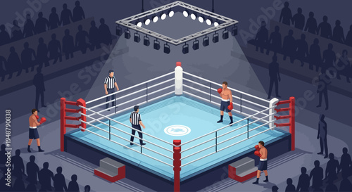 Boxing Match in Ring with Spectators, Isometric View