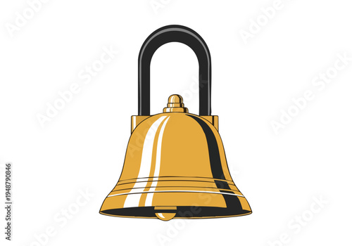 Classic Golden Bell with Hanging Rope and Metal Bracket Isolated on White Background